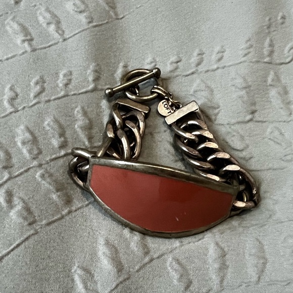 Ann Taylor LOFT Chunky Burnished Brass Curb Link Peach Enamel ID 7.5" Bracelet - Picture 6 of 7